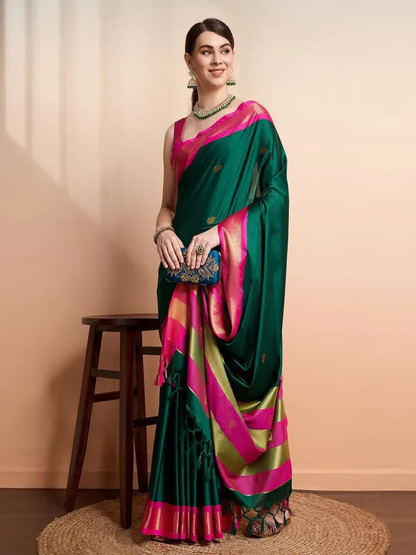 GREEN PINK SOFT COTTON SILK EMERALD ROSE TUCH SAREE
