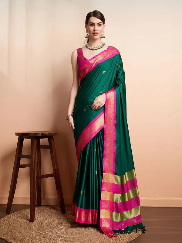 GREEN PINK SOFT COTTON SILK EMERALD ROSE TUCH SAREE