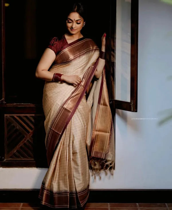 CREAM & BROWN SOFT COTTON SILK LVORY MOCHA DREAM SAREE FOR WOMEN